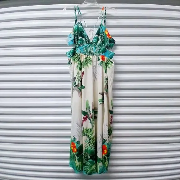 Loragal Women's Dress Size 3XL Beige Tropical Print Maxi Spring Summer Vacation - Picture 4 of 14